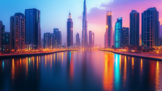 A vibrant city skyline at dusk with colorful lights reflecting off a nearby river.