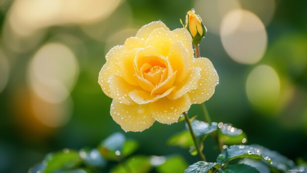 A vibrant close up of a blooming yellow rose HD wallpaper with dew drops glistening on its petals.