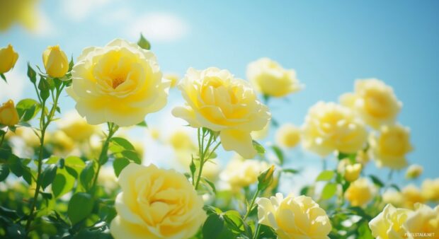 A vibrant close up of a blooming yellow rose desktop wallpaper with dew drops glistening on its petals.