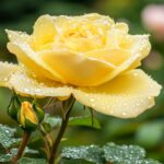 A vibrant close up of a blooming yellow rose wallpaper HD with dew drops glistening on its petals, capturing the freshness of spring.