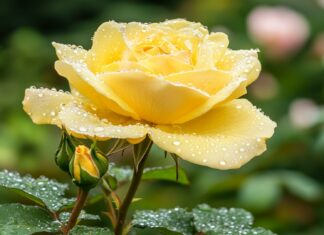 A vibrant close up of a blooming yellow rose wallpaper HD with dew drops glistening on its petals, capturing the freshness of spring.