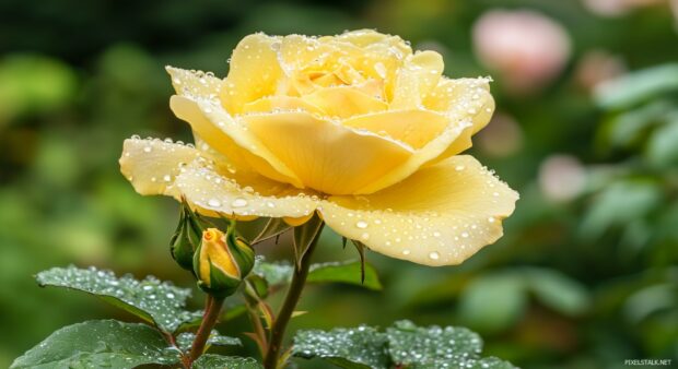 A vibrant close up of a blooming yellow rose wallpaper HD with dew drops glistening on its petals, capturing the freshness of spring.