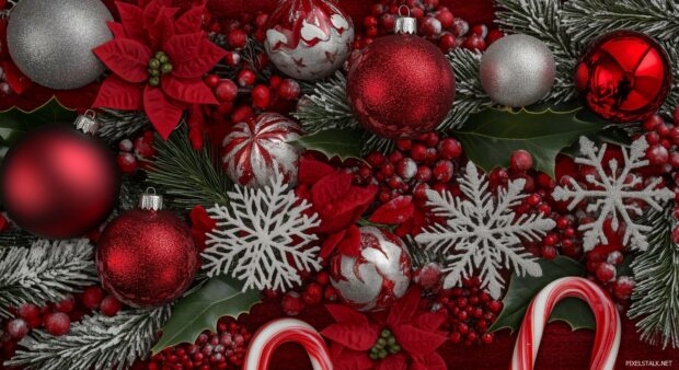 A vibrant collage of Christmas ornaments, candy canes, snowflakes.