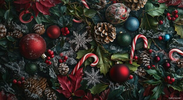 A vibrant collage of Christmas ornaments, candy canes, snowflakes, and holly leaves, layered together in a festive arrangement.