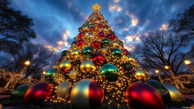 A vibrant display of Christmas lights draped over a grand holiday tree, with glowing orbs of red, green, and gold against a twilight sky.