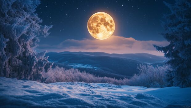 A vibrant full moon shining over a snowy landscape, with glistening frost on trees and a crisp, clear night sky filled with twinkling stars.