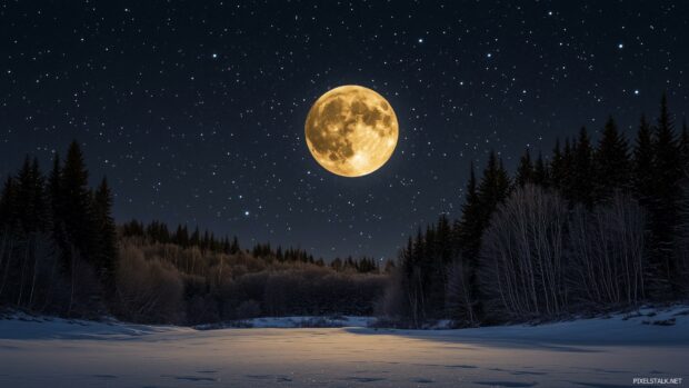 A vibrant full moon shining over a snowy landscape, with glistening frost on trees and a crisp, clear night sky filled with twinkling stars.