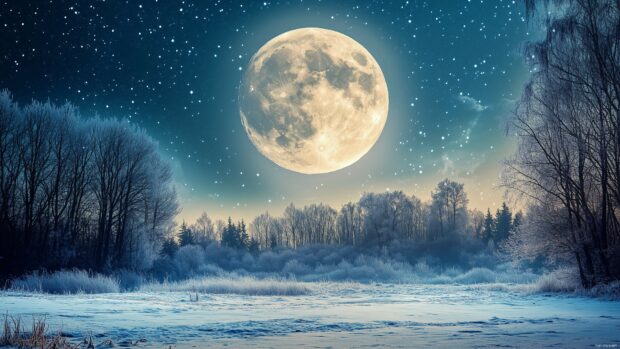 A vibrant full moon shining over a snowy landscape, with glistening frost on trees and a crisp, clear night sky filled with twinkling stars.