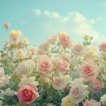 A vibrant garden filled with blooming roses of various colors, captured from a low angle to emphasize their grandeur against a blue sky.