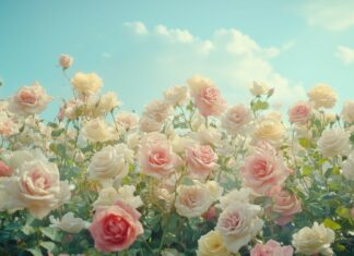 A vibrant garden filled with blooming roses of various colors, captured from a low angle to emphasize their grandeur against a blue sky.