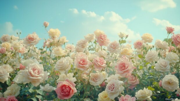 A vibrant garden filled with blooming roses of various colors, captured from a low angle to emphasize their grandeur against a blue sky.