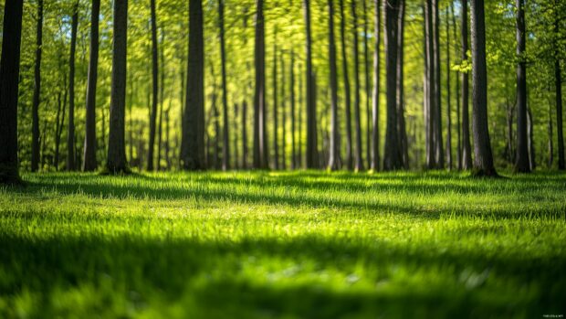 A vibrant green forest in the midst of spring, with new growth on trees and a fresh, lively atmosphere.