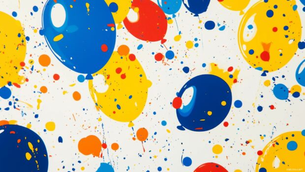 A vibrant kids laptop background with cute cartoon characters, balloons, and confetti.