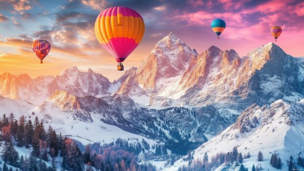 A vibrant mountain scene with colorful hot air balloons floating over scenic peaks and valleys, 4K wallpaper.