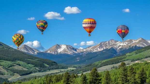 A vibrant mountain scene with colorful hot air balloons floating over scenic peaks and valleys.