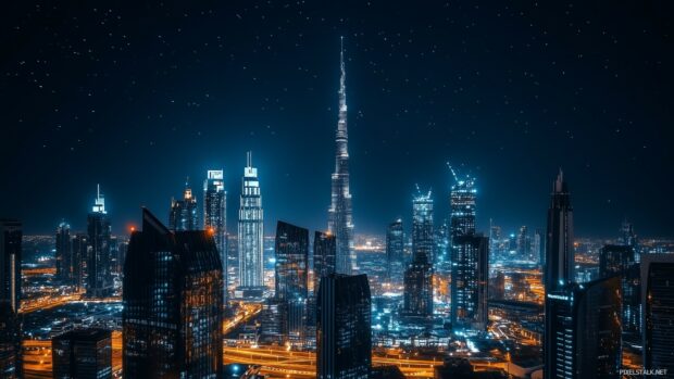 A vibrant night city skyline with skyscrapers lit up against a dark sky.