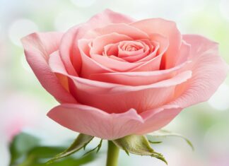 A vibrant pink rose against a blurred pastel background.