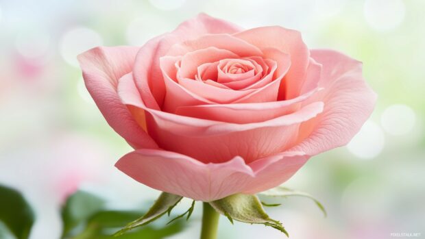 A vibrant pink rose against a blurred pastel background.