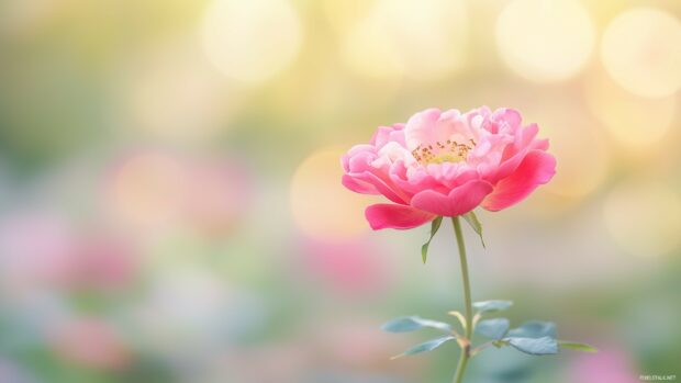 A vibrant pink rose against a blurred pastel background, emphasizing its bright color and intricate petal structure.