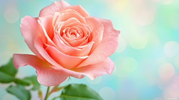 A vibrant pink rose against a blurred pastel background, emphasizing its bright color and intricate petal structure.