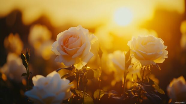 A vibrant rose garden at sunset, with warm golden light illuminating the flowers.