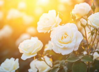 A vibrant scene capturing a white rose garden at sunset, with warm golden light illuminating the flowers.