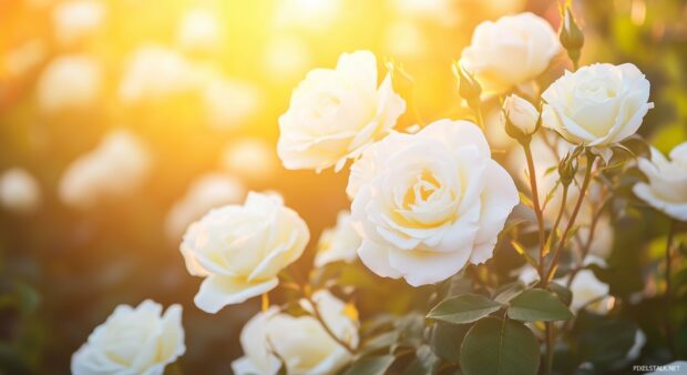 A vibrant scene capturing a white rose garden at sunset, with warm golden light illuminating the flowers.