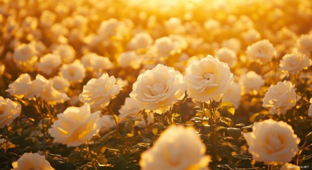 A vibrant scene capturing a white rose garden at sunsets.