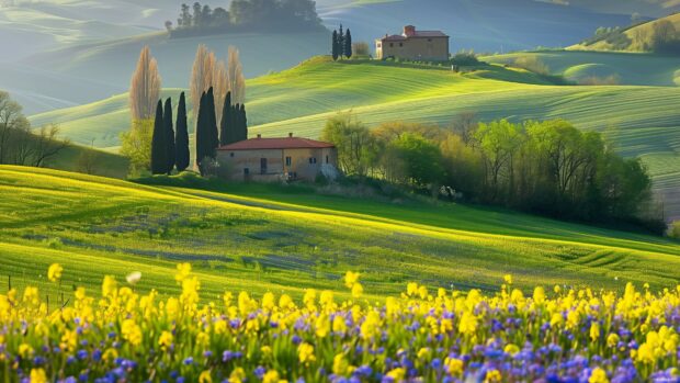 A vibrant spring landscape wallpaper with rolling hills and blooming fields.