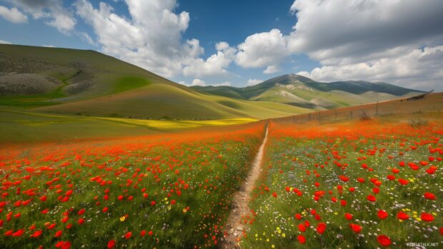 A vibrant spring landscape with rolling hills and blooming fields.