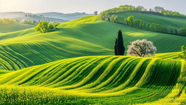 A vibrant spring landscape with rolling hills and blooming fields.