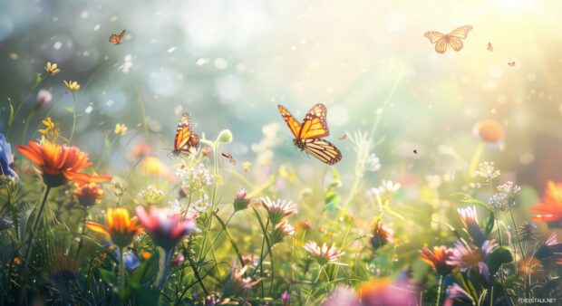 A vibrant spring meadow with blooming wildflowers and butterflies.