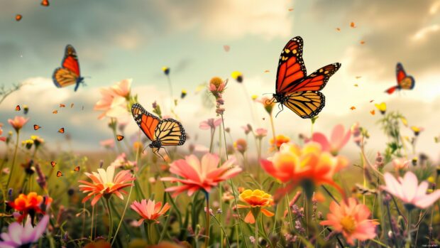 A vibrant spring meadow with colorful wildflowers and butterflie.