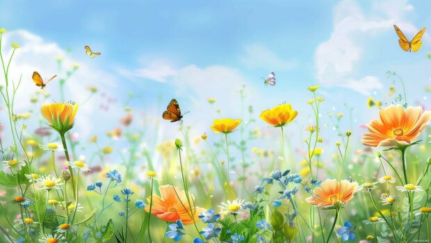 A vibrant spring meadow with colorful wildflowers and butterflie.