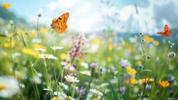 A vibrant spring meadow with colorful wildflowers and butterflies.