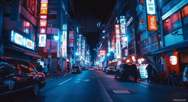 A vibrant street in Tokyo with neon signs and bustling crowds at night.