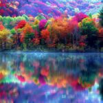 A view of a lake 4K Resolution Wallpaper with perfect autumn foliage reflected in the water.