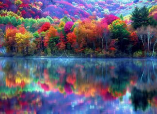 A view of a lake 4K Resolution Wallpaper with perfect autumn foliage reflected in the water.