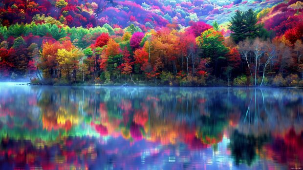 A view of a lake 4K Resolution Wallpaper with perfect autumn foliage reflected in the water.