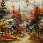 A village in autumn, surrounded by colorful trees, with cozy cottages and smoke rising from chimneys.