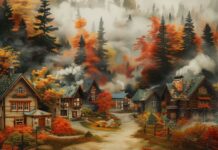 A village in autumn, surrounded by colorful trees, with cozy cottages and smoke rising from chimneys.