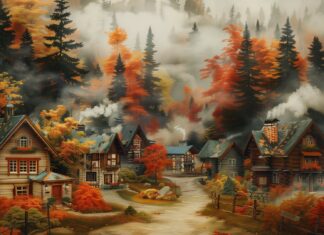 A village in autumn, surrounded by colorful trees, with cozy cottages and smoke rising from chimneys.