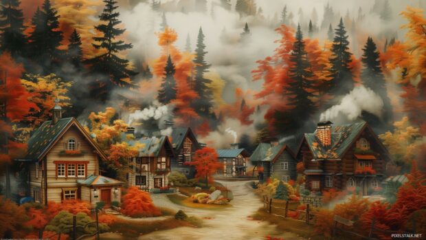 A village in autumn, surrounded by colorful trees, with cozy cottages and smoke rising from chimneys.