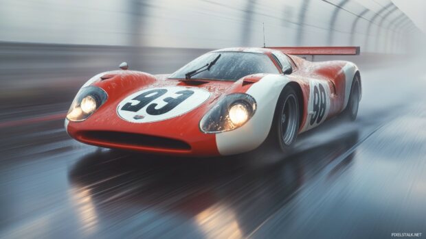 A vintage Le Mans race car on a rainy racetrack.