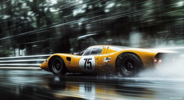 A vintage Le Mans race car on a rainy racetrack, water spraying up as it accelerates.