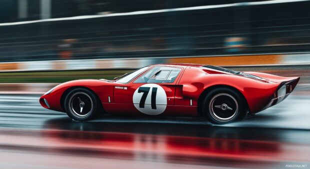 A vintage Le Mans race car on a rainy racetrack, water spraying up as it accelerates, captured with motion blur.