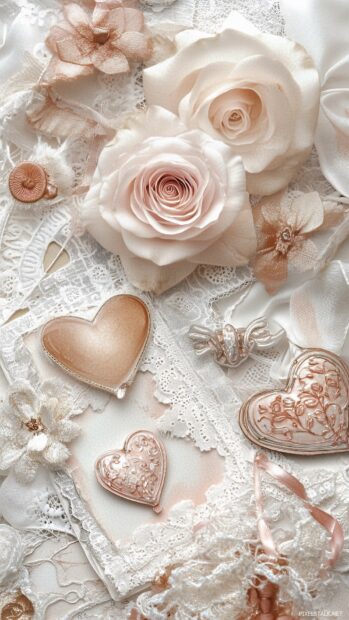 A vintage Valentine card collection with delicate lace patterns, 3D roses, and calligraphy, arranged artistically.