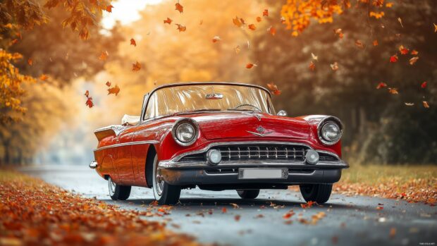 A vintage car in mint condition cruising down a scenic countryside road with autumn leaves falling.