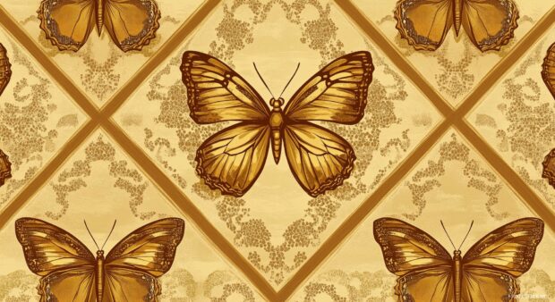 A vintage inspired butterfly wallpaper with intricate butterfly motifs in earth tones, arranged in a repeating diamond shaped pattern with subtle textured accents.