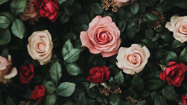 A vintage pink and red roses surrounded by delicate green foliage.